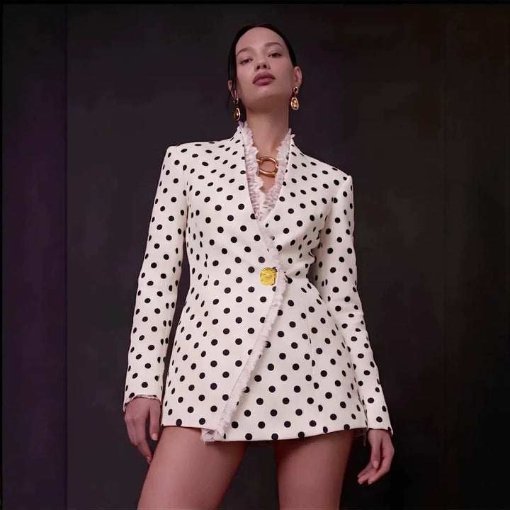Women's Polka Dot Blazer Dress with Fringed Hem and Detachable Decorative Brooch Amarae