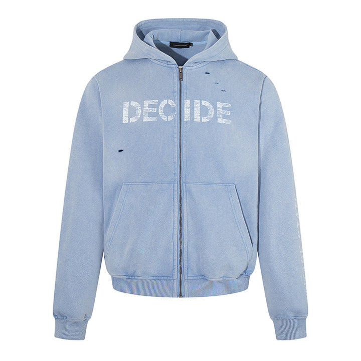 Men's hoodie zip jacket in vintage look with statement print and destroy details Amarae