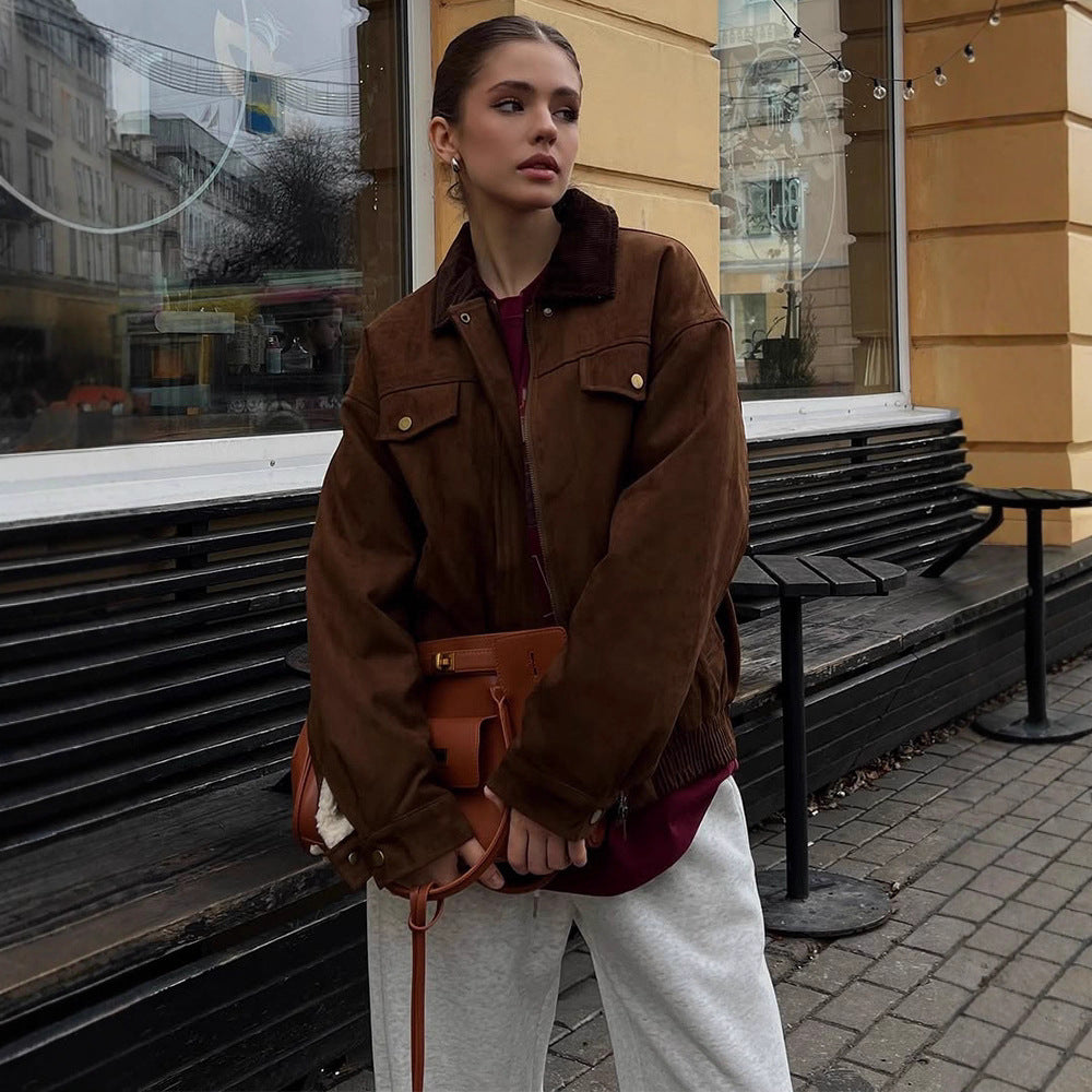 Women's Boxy Suede Blouson Jacket with Cord Collar and Teddy Lining Amarae