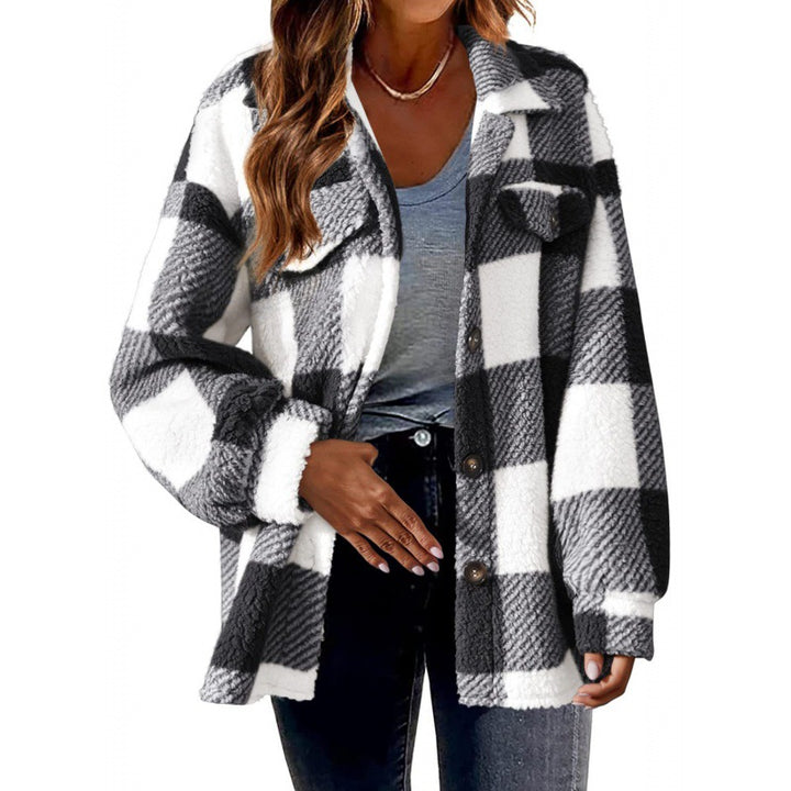 Ladies Plaid Plush Jacket with Snap Button Closure and Convenient Pockets Lune London