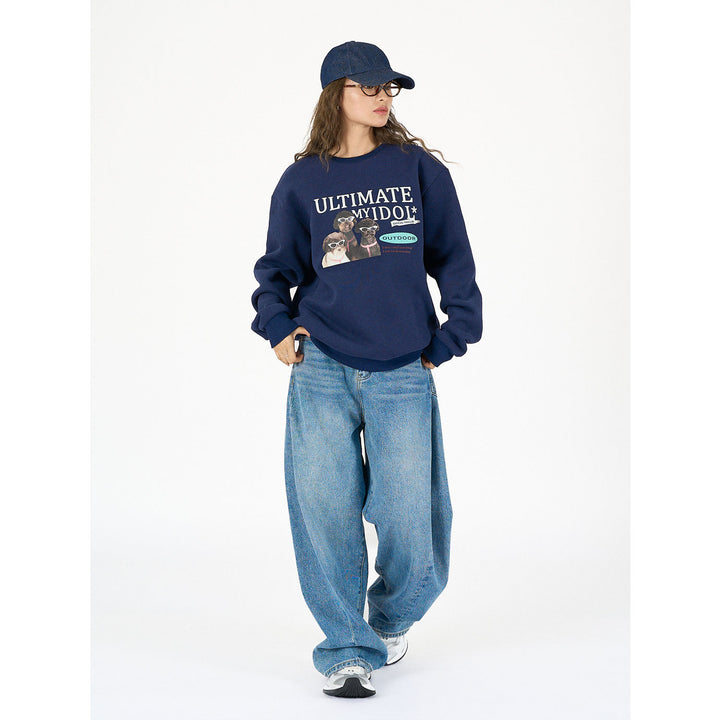 Ladies Cozy Cotton Blend Sweatshirt with Dog Photo Print and Ribbed Cuffs