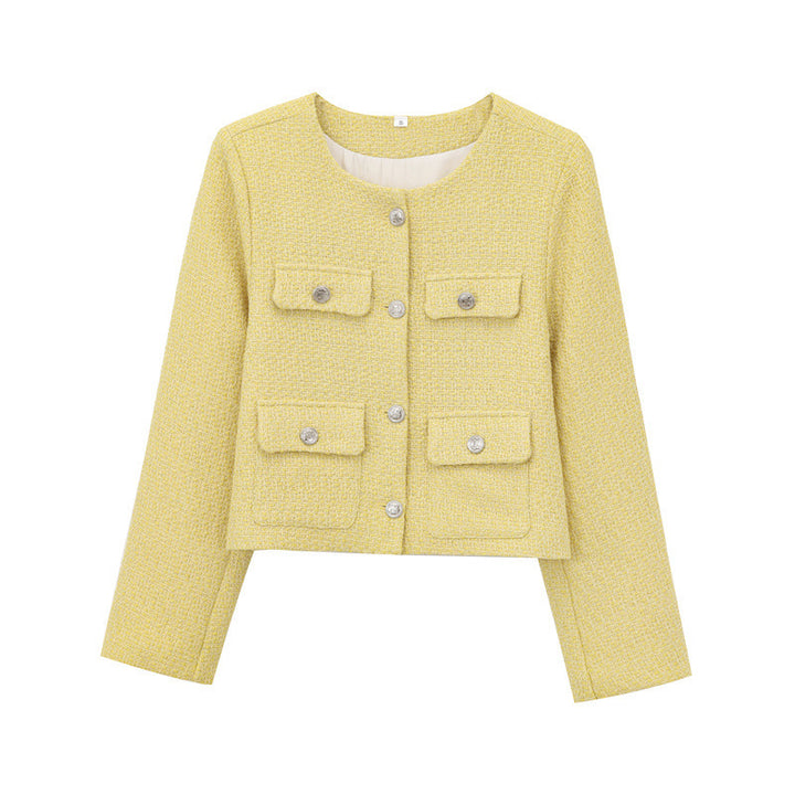 Trendy short jacket for women with gold buttons and patch pockets Lune London
