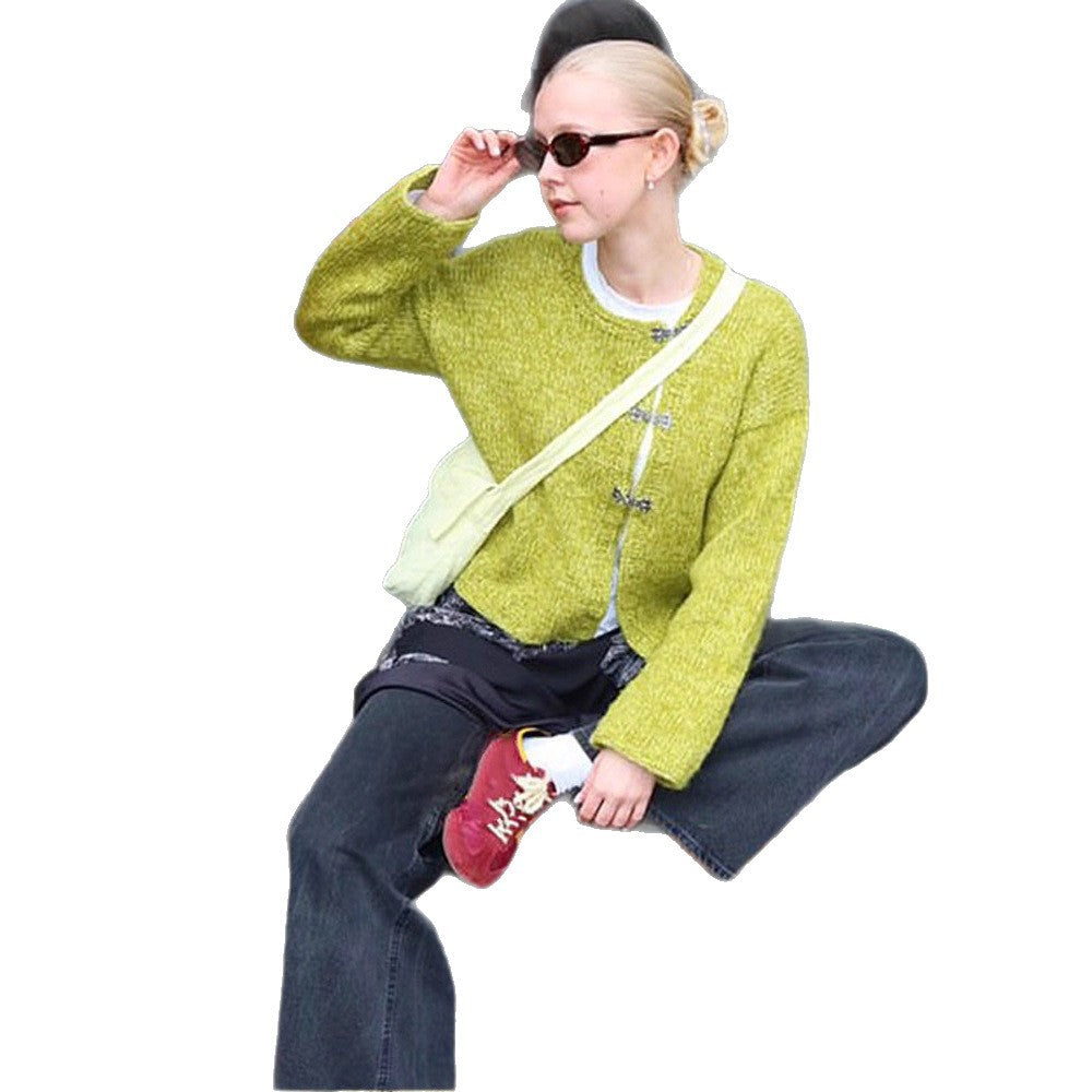 Women's Short Oversized Knit Cardigan with Decorative Hook Closures & Round Neckline Amarae