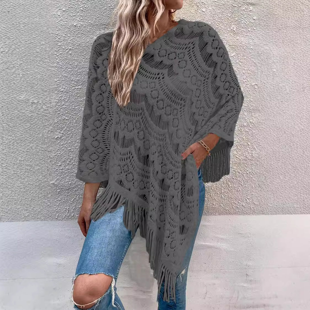 Ladies Elegant Crochet Poncho with Chic Fringes and Style