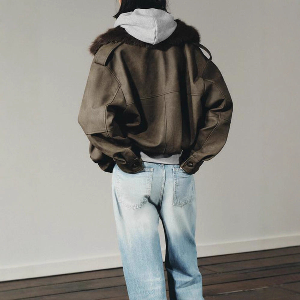 Women's short jacket in aviator style with faux fur hood and patch pockets Amarae