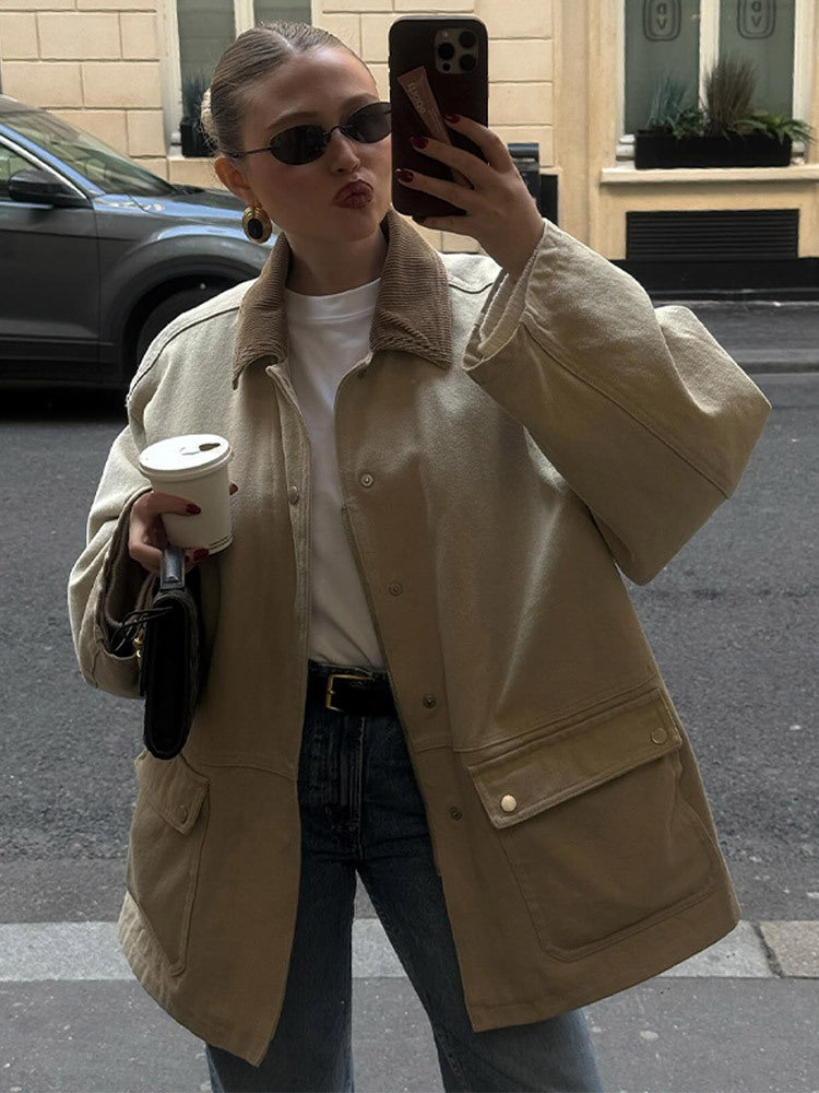 Women's Oversized Field Jacket with Cord Collar, Large Flap Pockets and Snap Button Closure Amarae