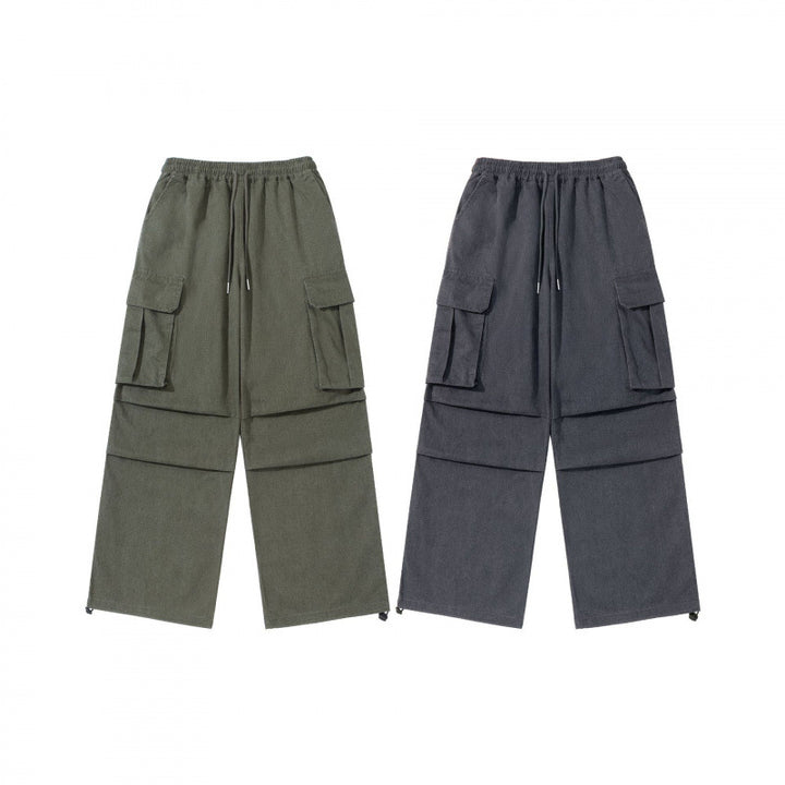 Men's Wide Cargo Pants with Elastic Waistband, Drawstring and Overlapping Panels Amarae