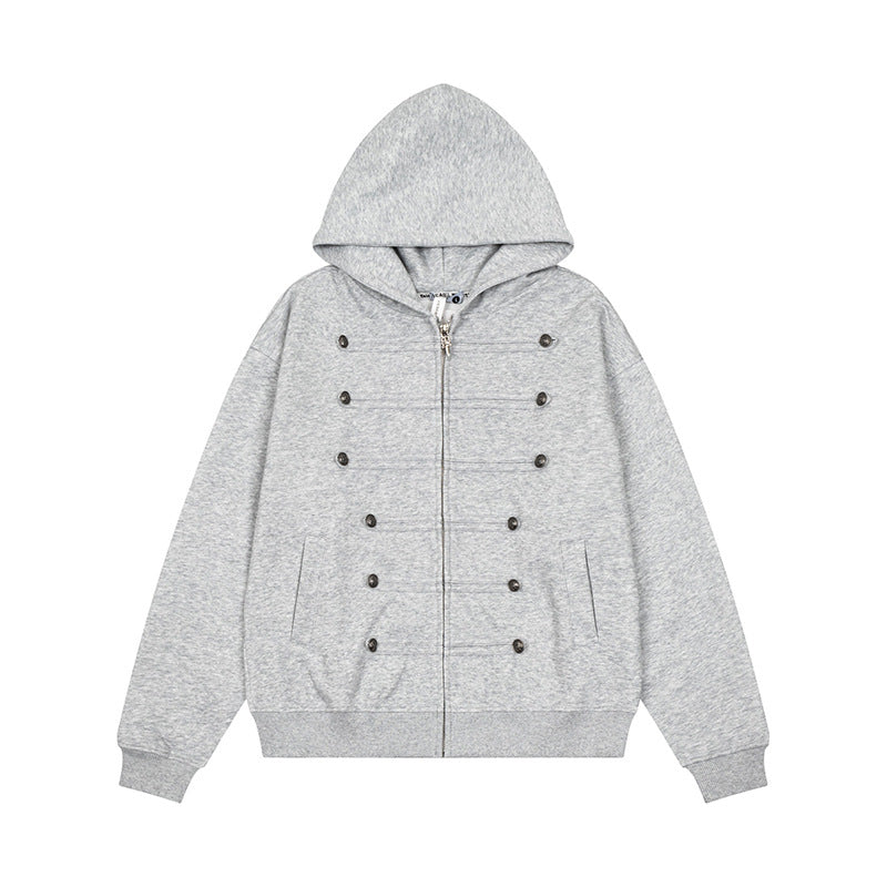 Ladies Hooded Sweat Jacket with decorative Double Button Placket and Zipper Amarae