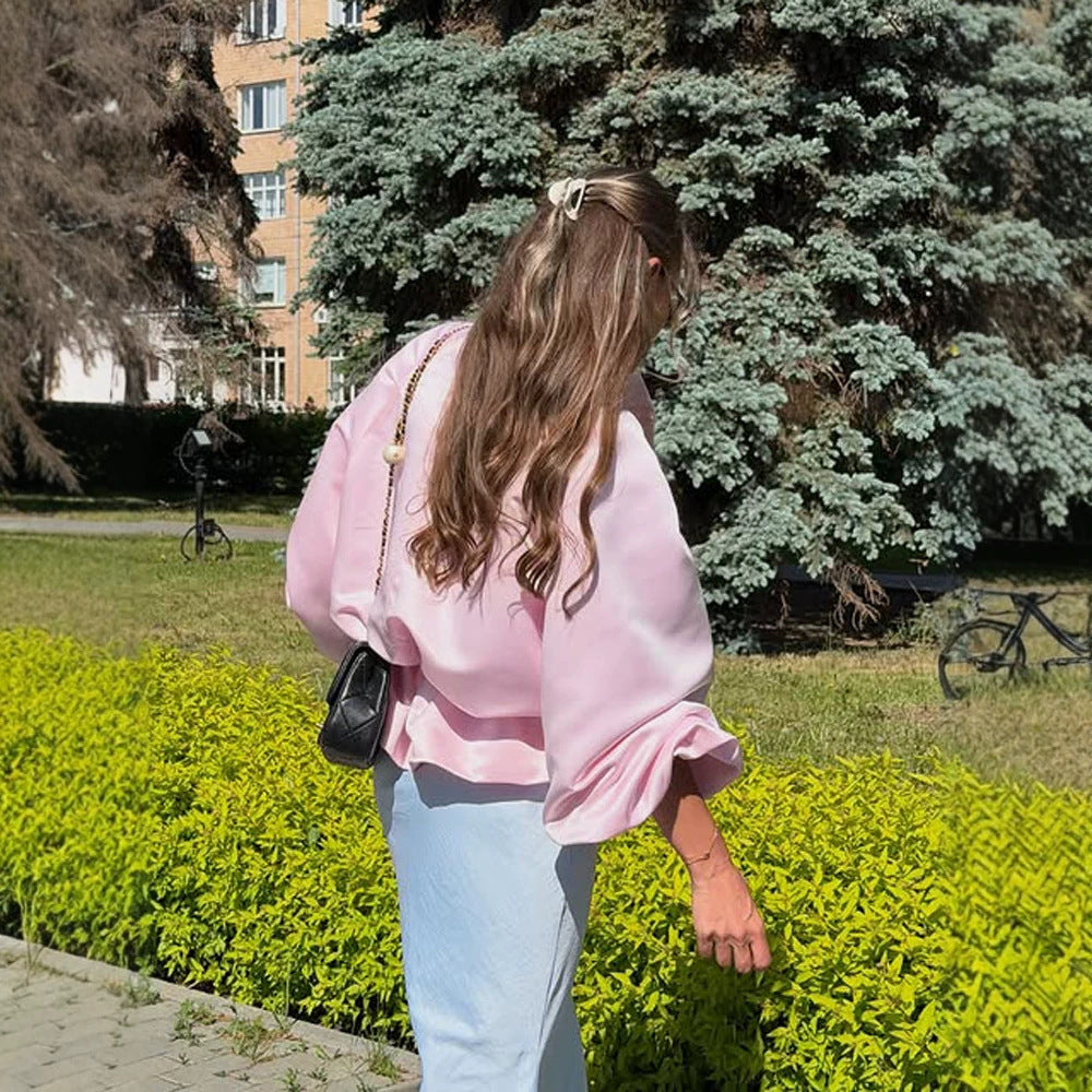 Women's satin blouse jacket with voluminous balloon sleeves, stand-up collar and fitted placket Amarae