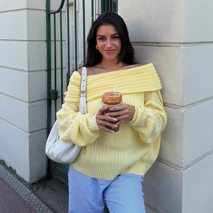 Women Off-Shoulder Ribbed Knit Sweater with Wide Folded Collar Amarae
