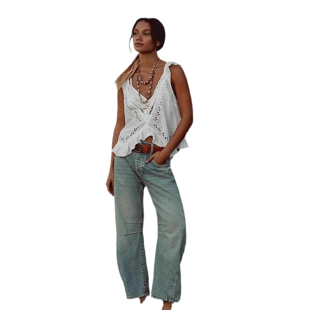 Ladies airy linen crop top with ruffles Lune London
