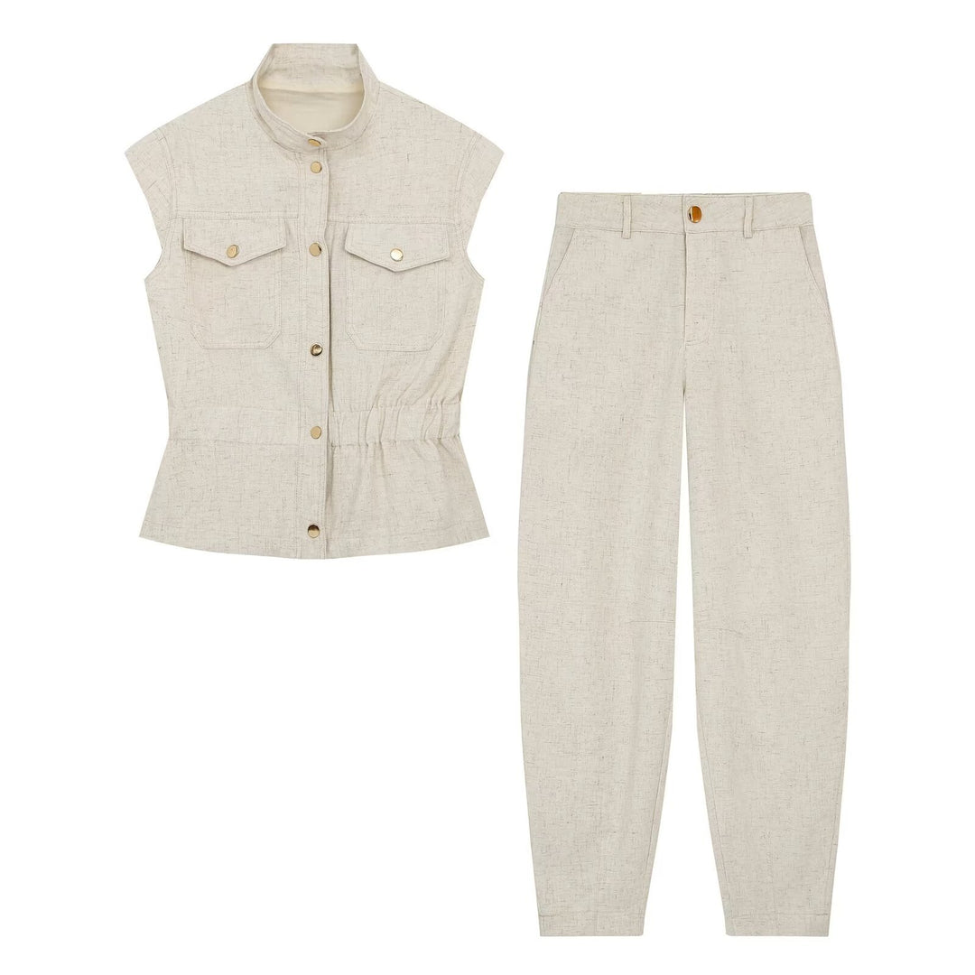 Women High-Waisted Linen Blend Pants with Slim Fit and Decorative Seams Amarae