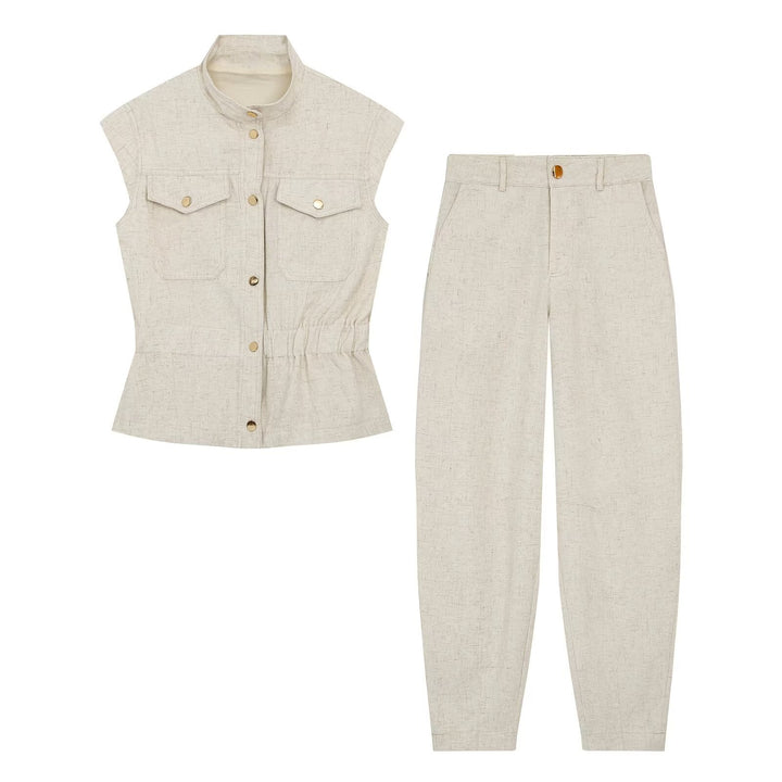 Women High-Waisted Linen Blend Pants with Slim Fit and Decorative Seams Amarae