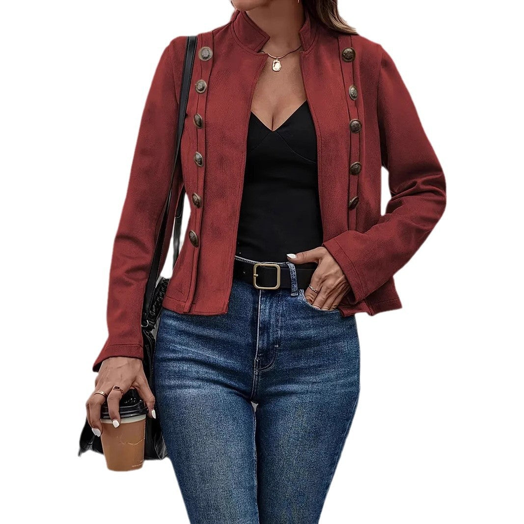 Trendy short women's jacket with classic stand collar and decorative button details Lune London