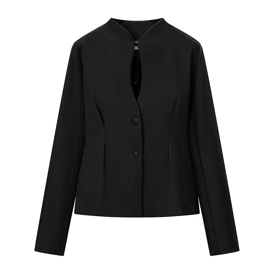 Women's Tailored Short Jacket with Stand Collar, Slit Neckline and Princess Seams Amarae