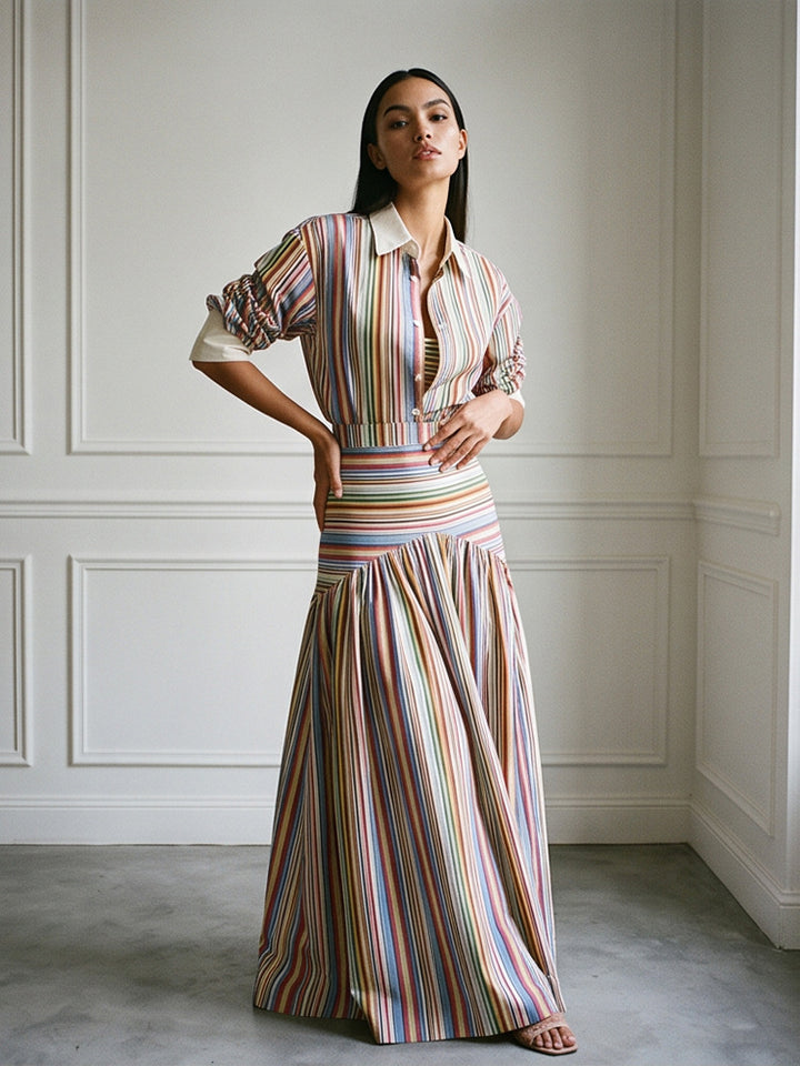 Women’s maxi dress with shirt collar, fitted waistband & layered tiered skirt Amarae