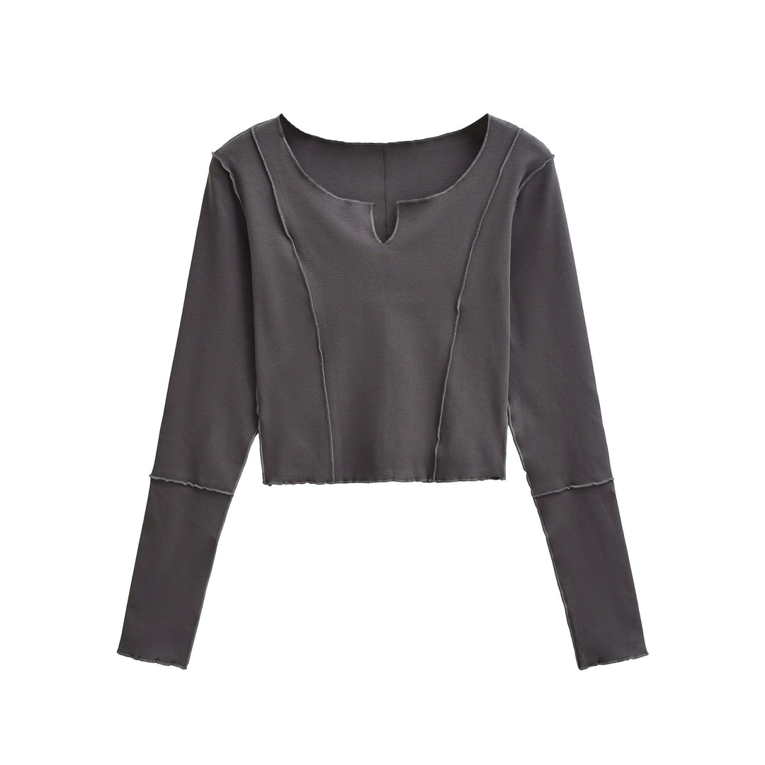 Women's Short Sleeve Long Sleeve Shirt with Visible Rolled Seams and Slit Collar Amarae