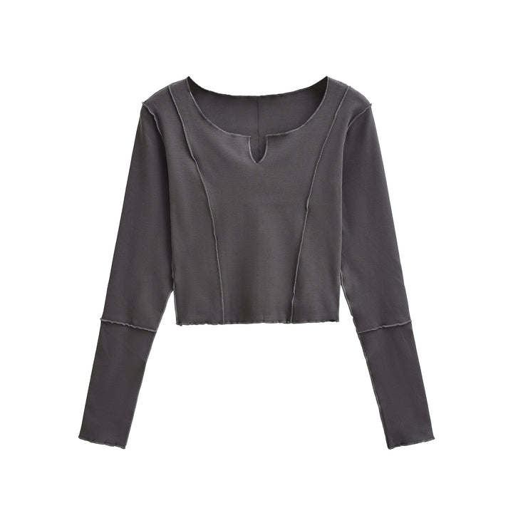 Women's Short Sleeve Long Sleeve Shirt with Visible Rolled Seams and Slit Collar Amarae