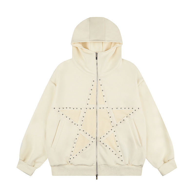 Women's Oversize Hooded Zip Jacket with Studded Star Design and High Collar Amarae