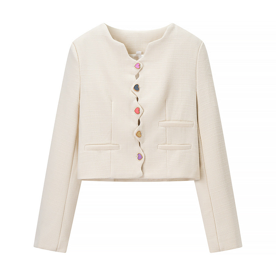 Women Short Cut Boucle Jacket with Curved Button Placket and Decorative Heart Buttons Amarae