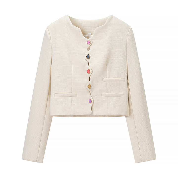 Women Short Cut Boucle Jacket with Curved Button Placket and Decorative Heart Buttons Amarae