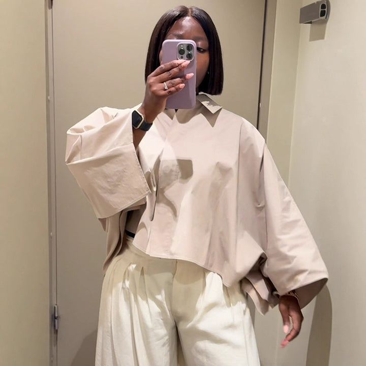 Women's Boxy Cropped Shirt Blouse with Wide Batwing Sleeve and Fine Tuck Amarae