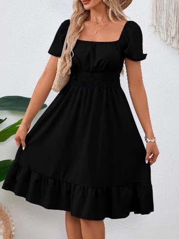 Square-necked smocked A-line dress for women with ruffled hem Lune London