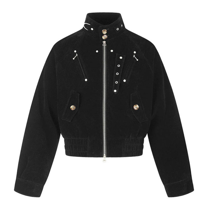 Women's short suede bomber jacket with high stand-up collar and metallic details Amarae