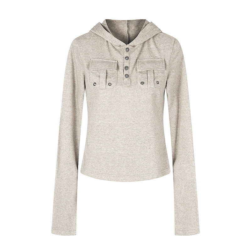 Women's Lightweight Hoodie Long Sleeve Shirt with Henley Button Placket and Patch Chest Pockets Amarae