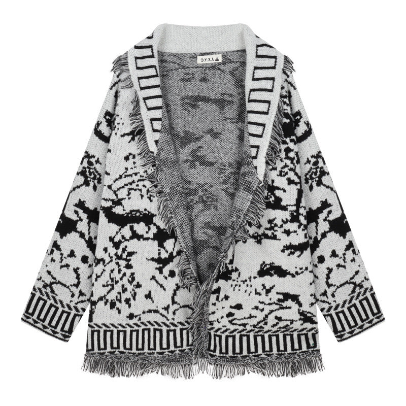 Ladies fringed cardigan with graphic pattern and open front parts Lune London