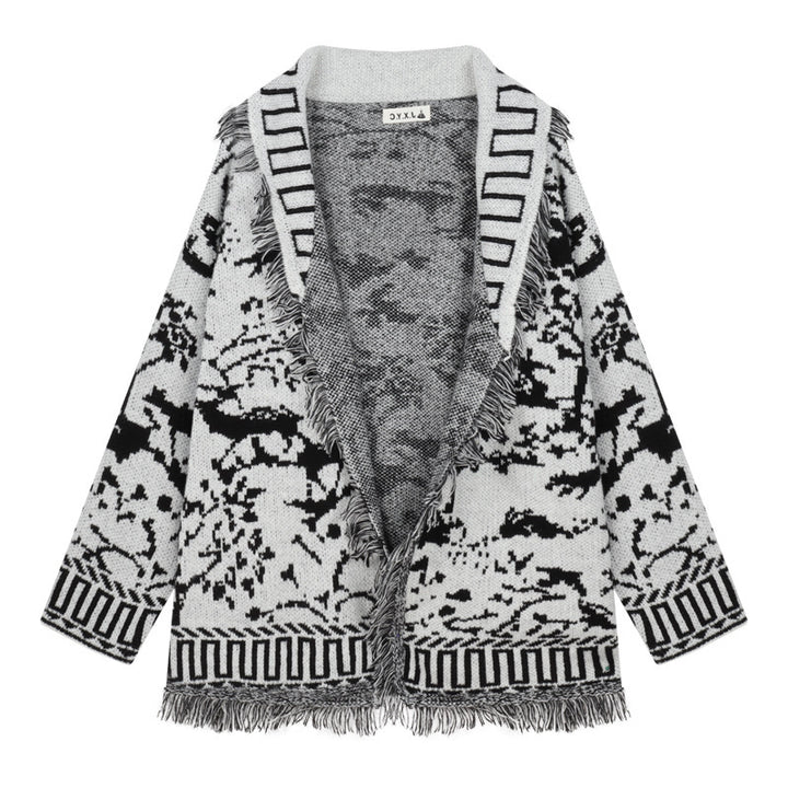Ladies fringed cardigan with graphic pattern and open front parts Lune London
