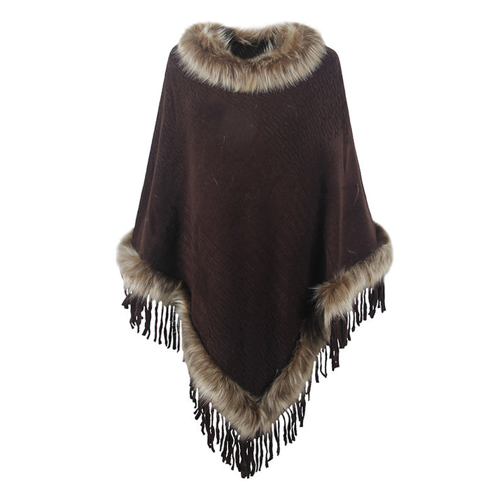 Ladies elegant poncho with luxurious faux fur collar and decadent fringes Lune London