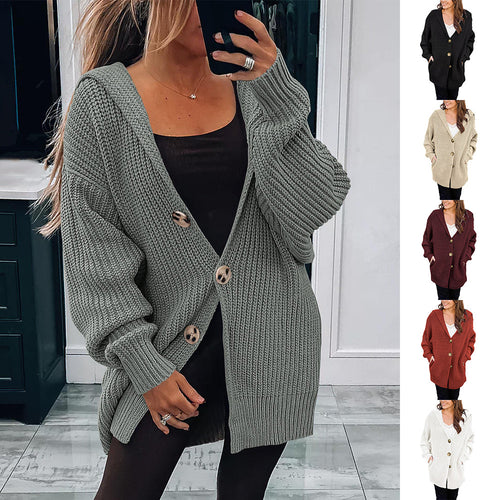 Thick knit jacket for women with an oversized fit and stylish wooden buttons Amarae