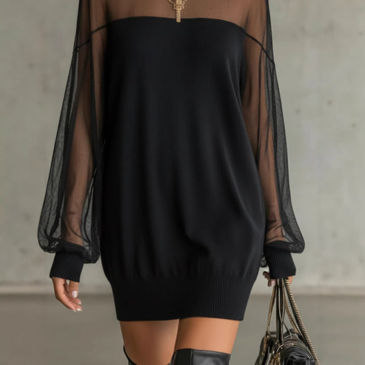 Women's Airy Mini Dress with Transparent Sleeve Parts and Stylish High Neck Lune London