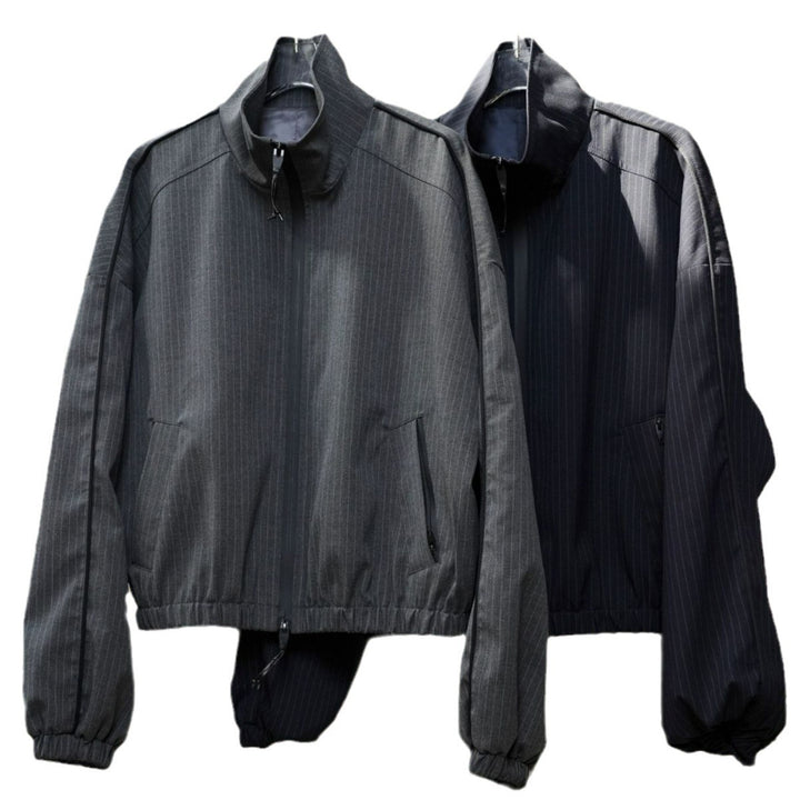 Women's loose pinstripe training jacket with stand-up collar, zipper and elastic hem Amarae