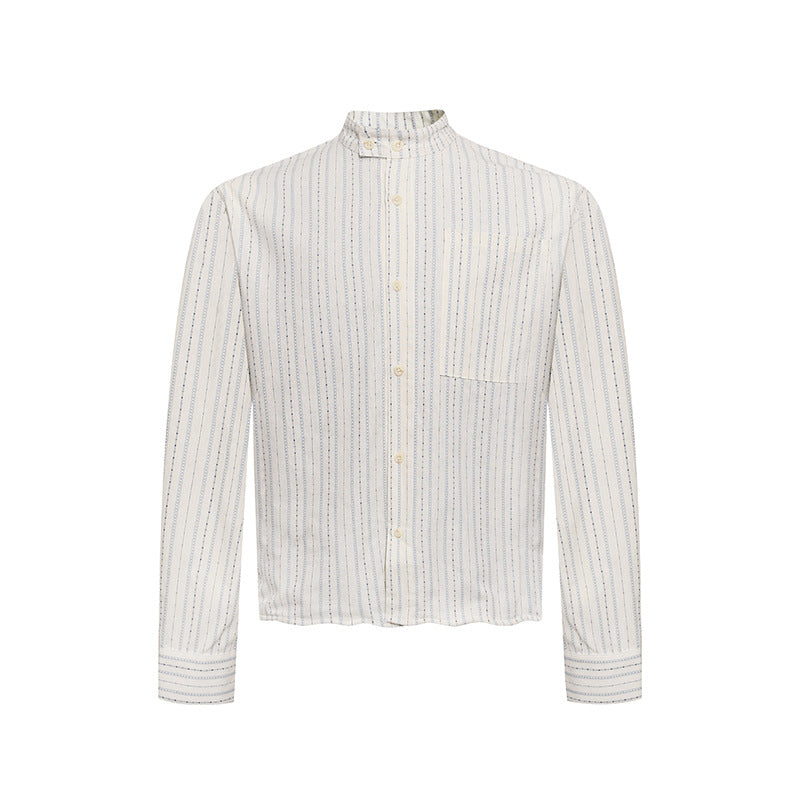 Men's Lightweight Long Sleeve Shirt with Stand-Up Collar, Fine Striped Pattern and Breast Pocket Amarae