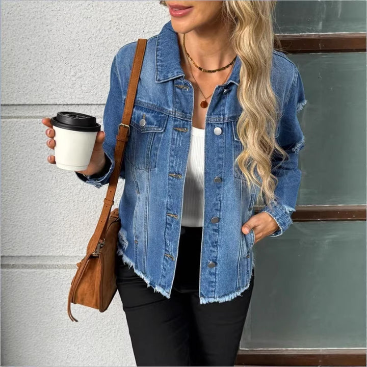 Women's denim jacket with casual destroyed sleeves and raw hem Amarae