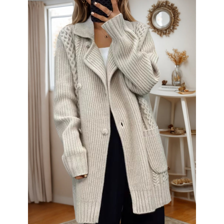 Knitted jacket for women with adjustable belt and textured cable pattern Lune London