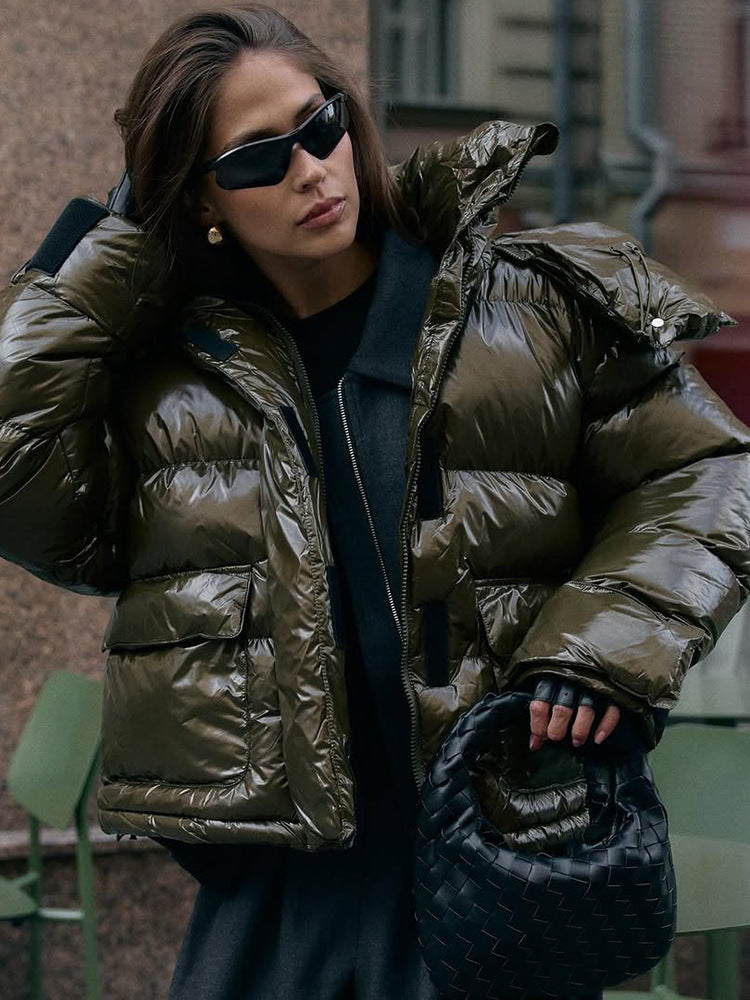 Women's padded short jacket with high-gloss finish, oversized cut, and hood Amarae