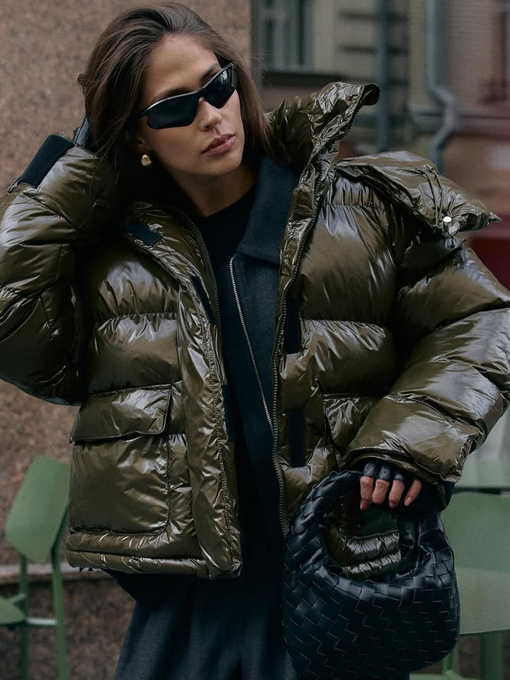 Women's padded short jacket with high-gloss finish, oversized cut, and hood Amarae