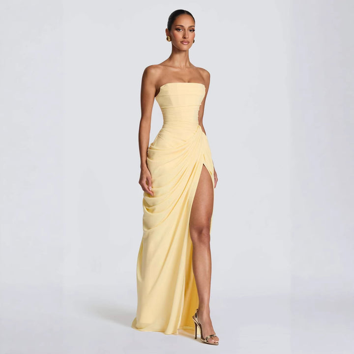 Ladies Elegant Long Sleeve Evening Dress with Asymmetric Draping and Narrow Slit Lune London