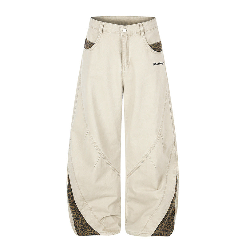 Women's Wide High-Waist Palazzo Jeans with Leopard Inserts and Side Pockets Amarae