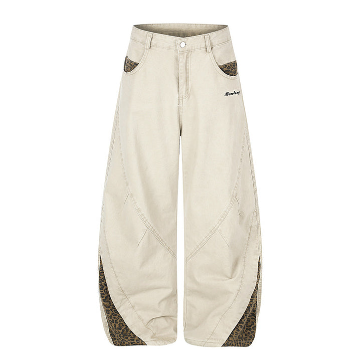 Women's Wide High-Waist Palazzo Jeans with Leopard Inserts and Side Pockets Amarae