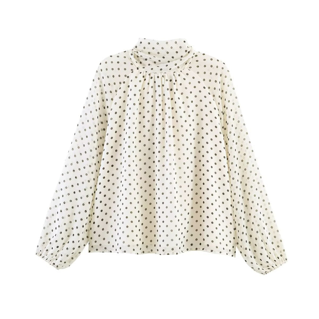 Women's Polka Dot Blouse with High Stand Collar, Ruffled Neckline and Balloon Sleeves Amarae