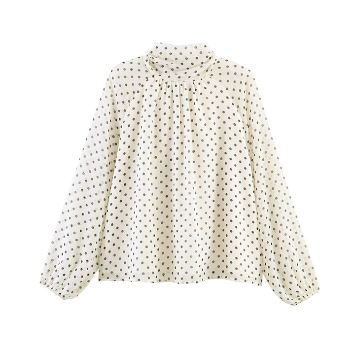 Women's Polka Dot Blouse with High Stand Collar, Ruffled Neckline and Balloon Sleeves Amarae