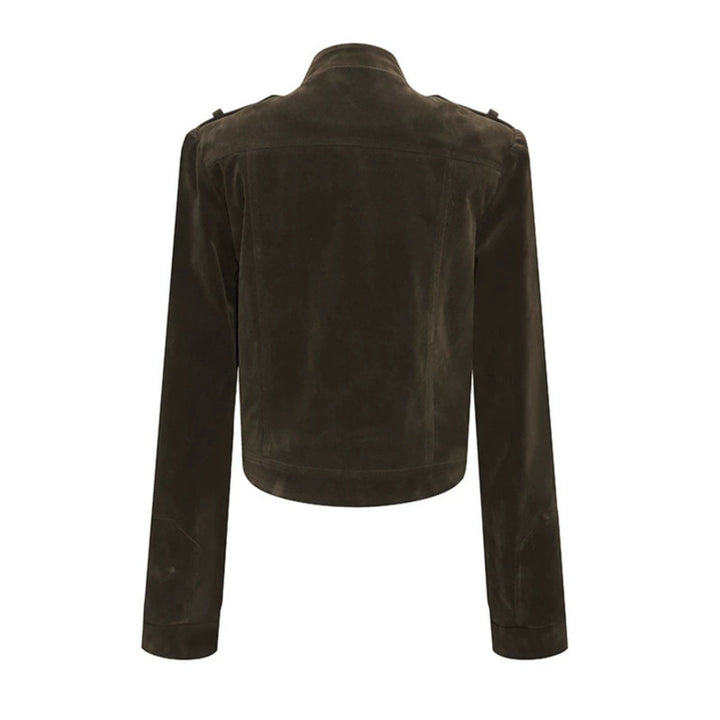 Women's Short Suede Leather Biker Jacket with Asymmetric Zipper and Stand-up Collar Amarae