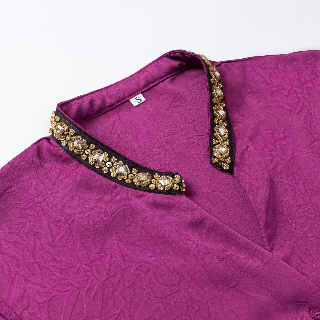 Women's Sleeveless Crinkle Blouse with Button Placket and Embroidered V-Neck Dress