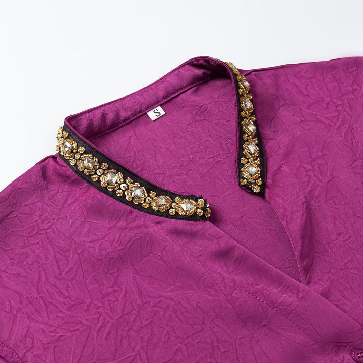 Women's Sleeveless Crinkle Blouse with Button Placket and Embroidered V-Neck Dress