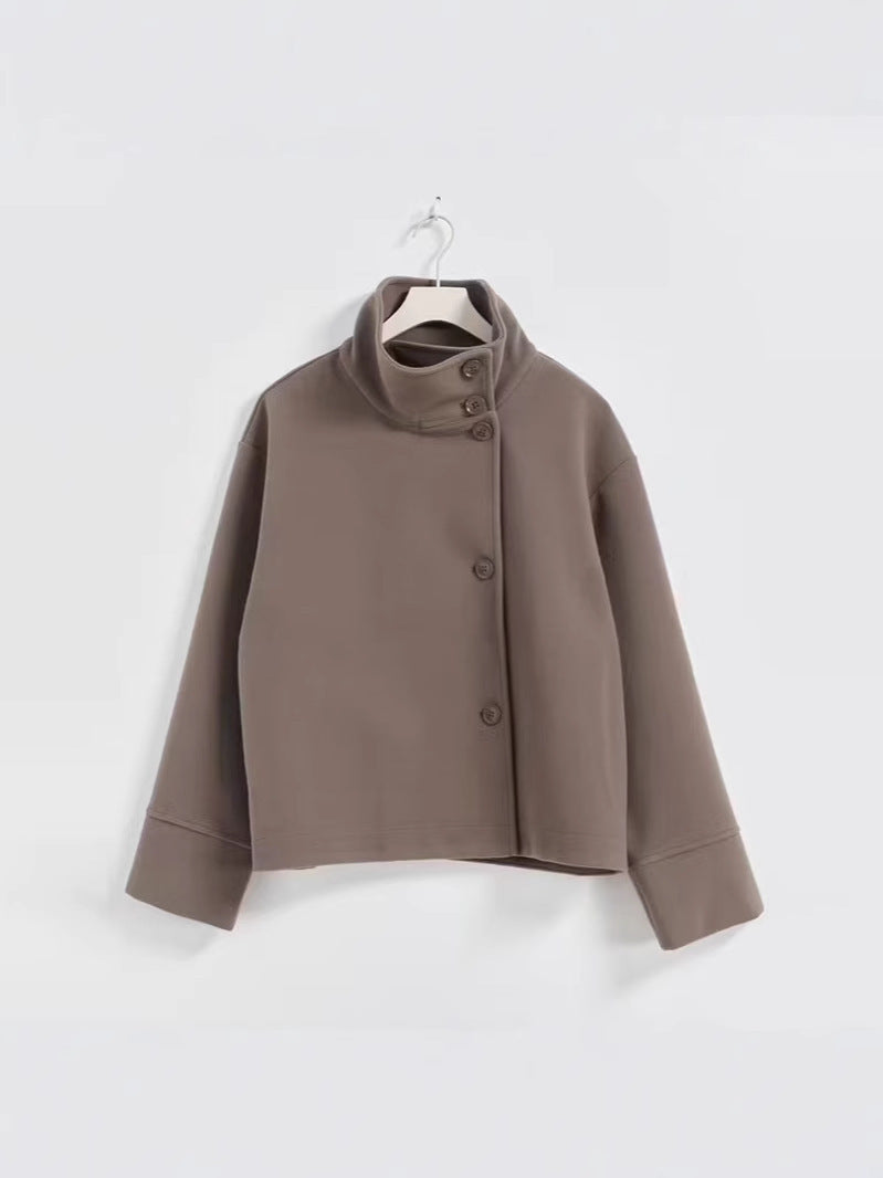 Women's short cut boxy jacket with stand-up collar and asymmetrical button placket Amarae