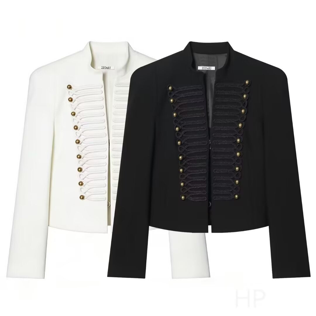 Women's short military-style jacket with cord appliqué and stand-up collar Amarae